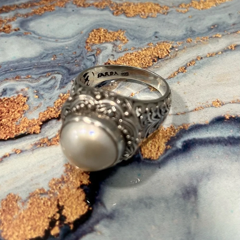 SARDA White Mabe Pearl ring size 10 designer Sterling Silver ring